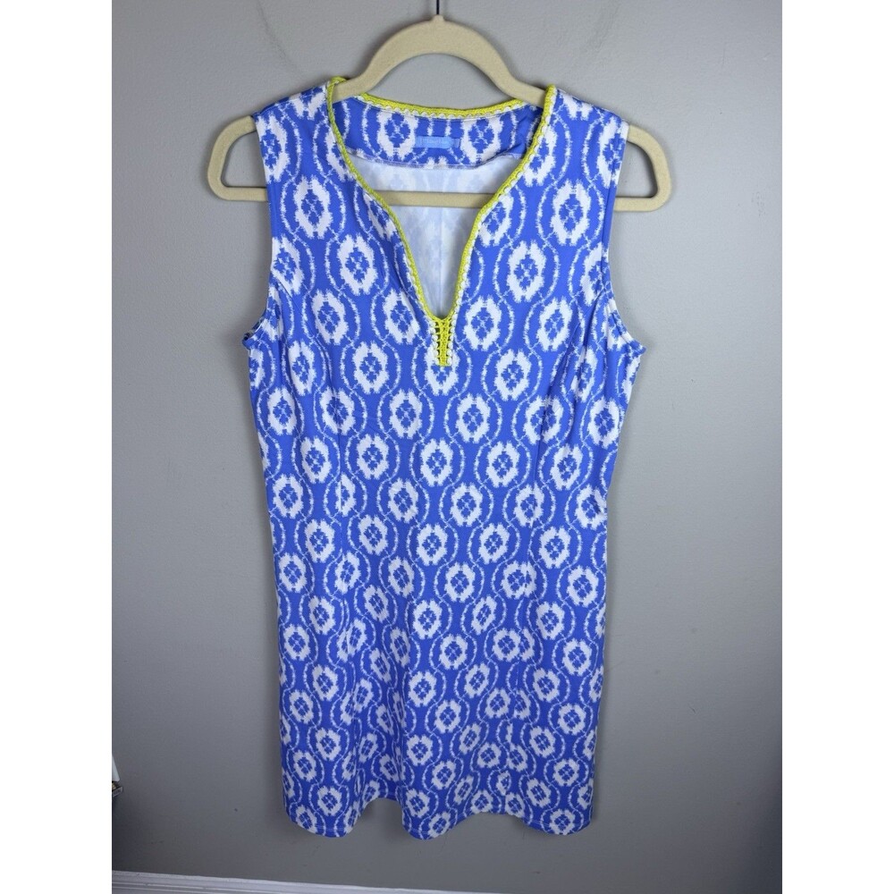 J.McLaughlin Dress Women's Medium Sleeveless Blue Yellow Print Geometric Stretch